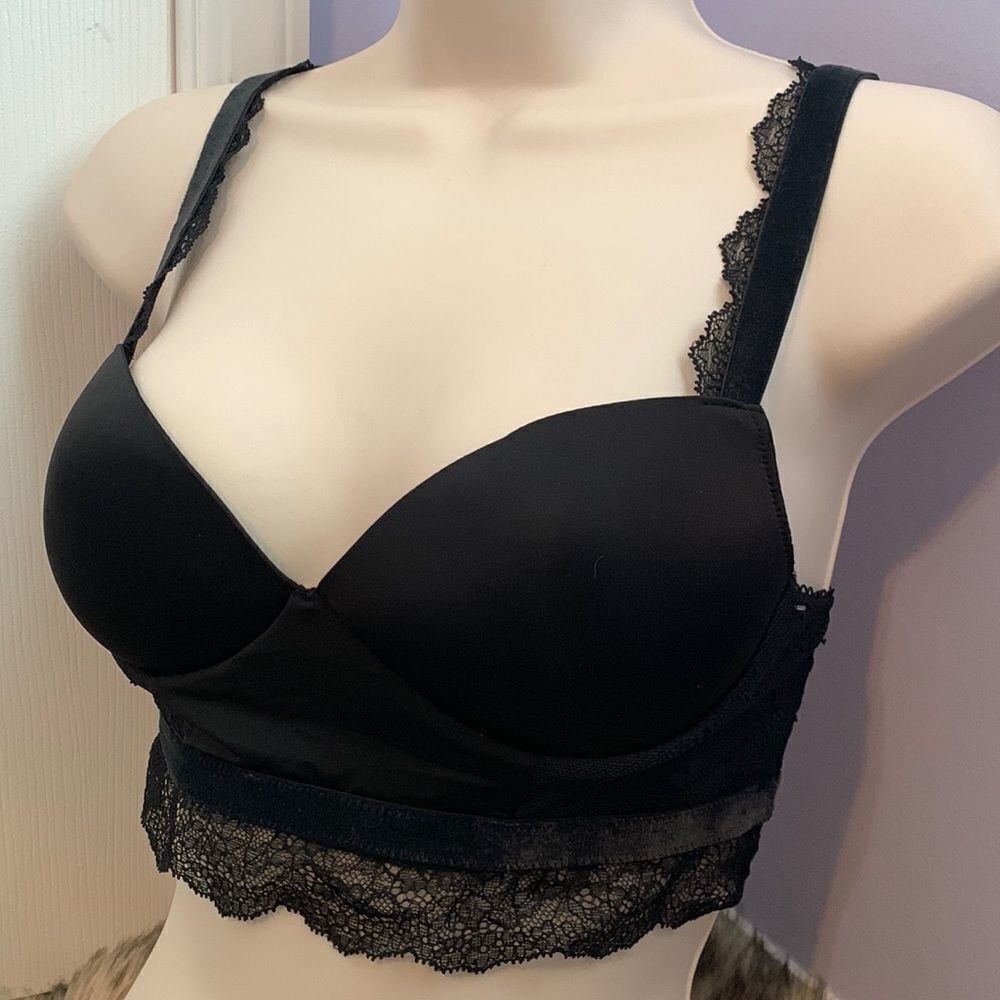 Victoria’s Secret Velvet & Lace Trim Padded Demi Bralette Bra S Black